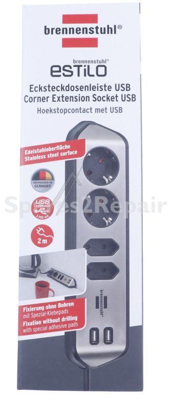 Brennenstuhl Four-way Trailing Socket - Estilo Four-way Trailing Socket+usb-charging Function 4-ways 2x Protective Contact And 2x Euro Silver-black, 2m, H05vv-f 3g1.5